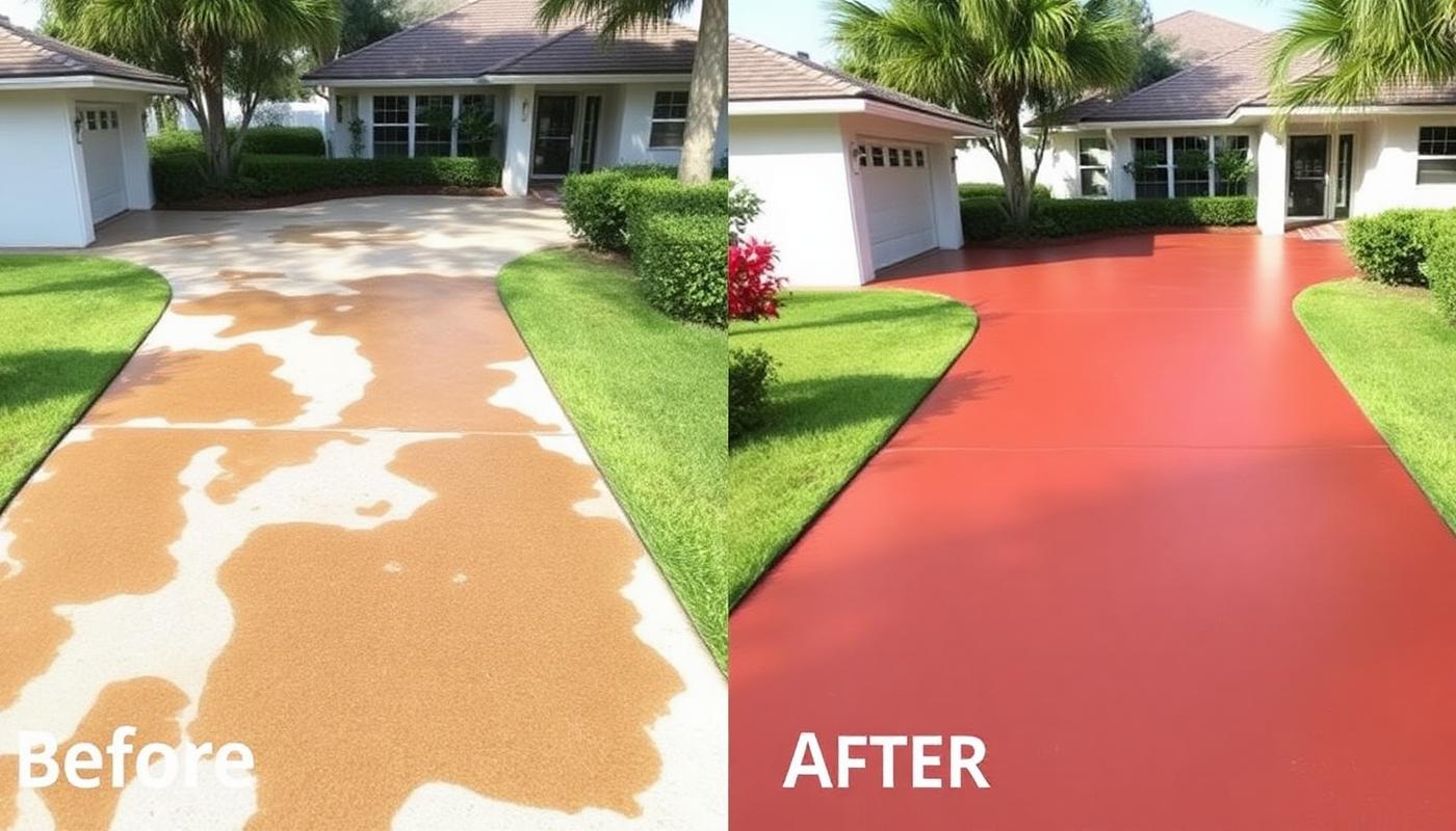 Before and after of an oil-stained Palm Beach County concrete driveway, cleaned and resealed to an even finish
