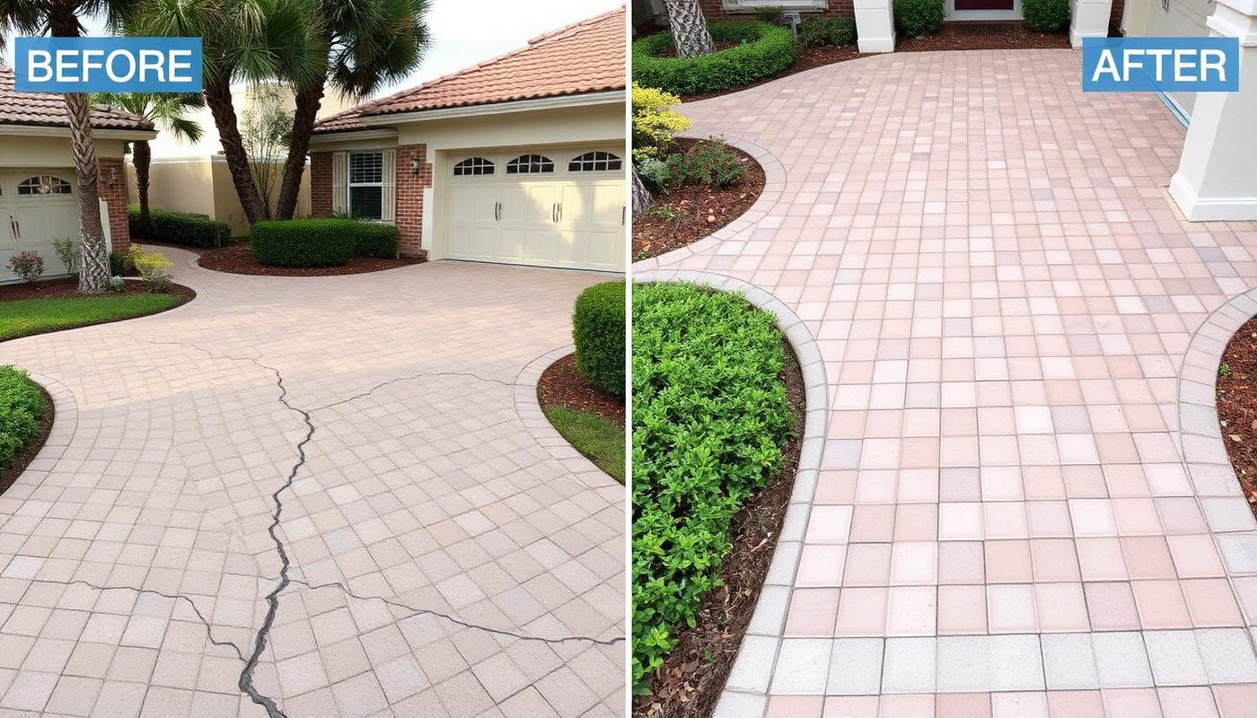 Before and after of a cracked, settled paver driveway relaid to line and re-sanded at the joints