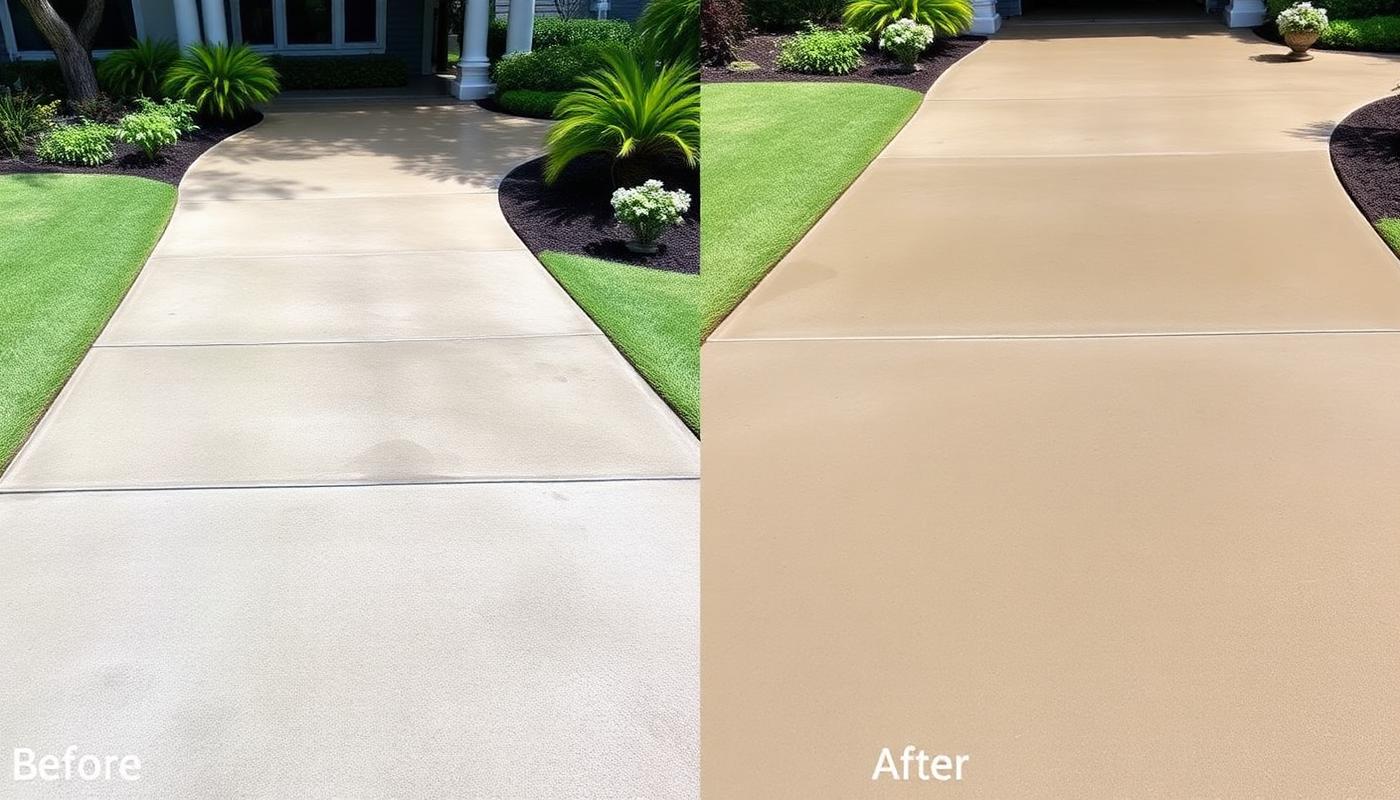 Before and after of a mildew-darkened driveway walkway and apron restored by pressure washing