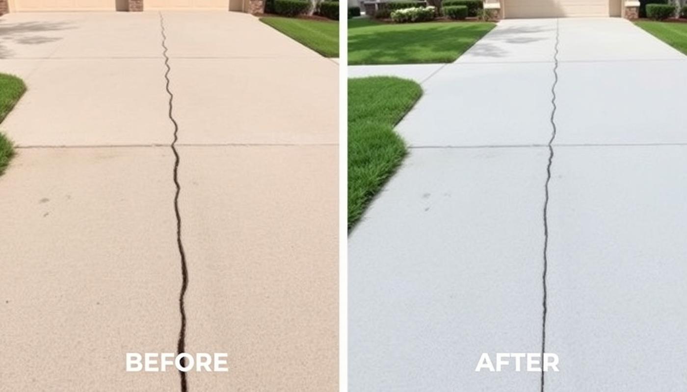 Before and after of a wide driveway crack routed, filled and sealed with the slab surface cleaned