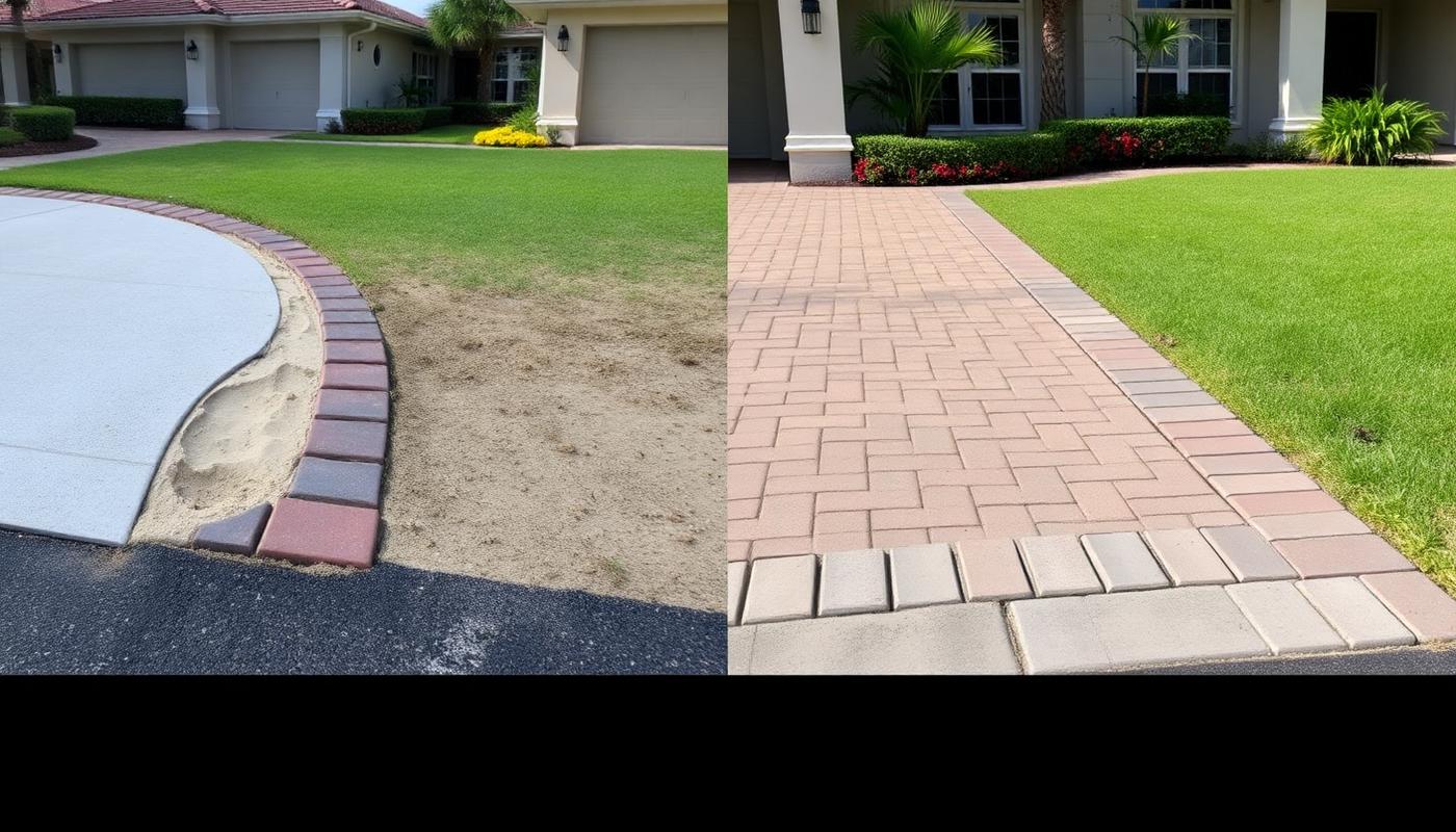 Before and after of a sunken driveway border course rebuilt with straight, level edge pavers