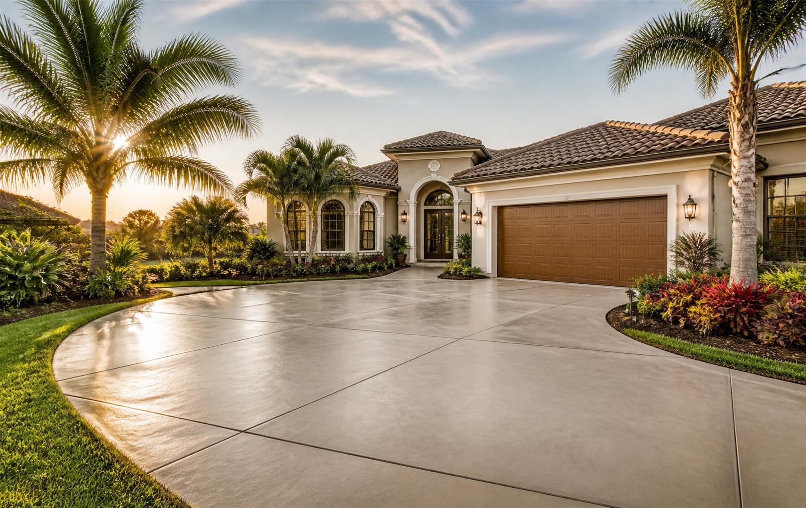 Clean, freshly sealed concrete driveway at a Palm Beach County home framed by palm trees